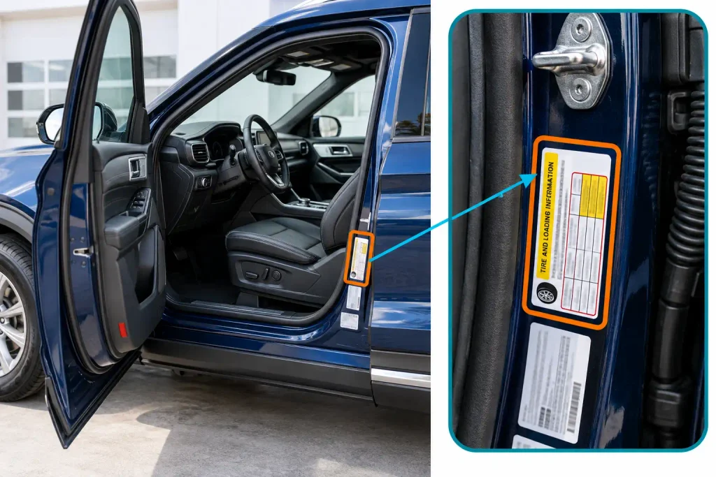 Ford Explorer Tire Size Chart By Year & Trim: 2026 OEM Sizes & Pressure 3 Ford Explorer driver's door jamb showing the highlighted tire information label