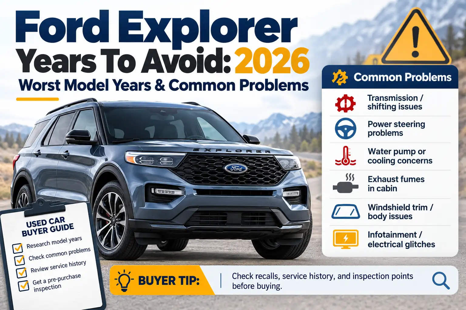 Ford Explorer years to avoid in 2026, showing common problems including transmission issues, power steering failures, water pump leaks, exhaust fumes, windshield trim defects, and electrical glitches.