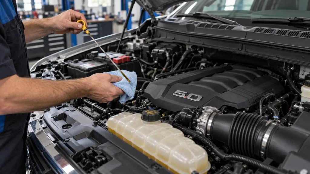 Ford 5.0 Coyote Years to Avoid: 2026 Before Buying Used 3 Technician checking oil dipstick on a 2019 Ford F-150 5.0 V8