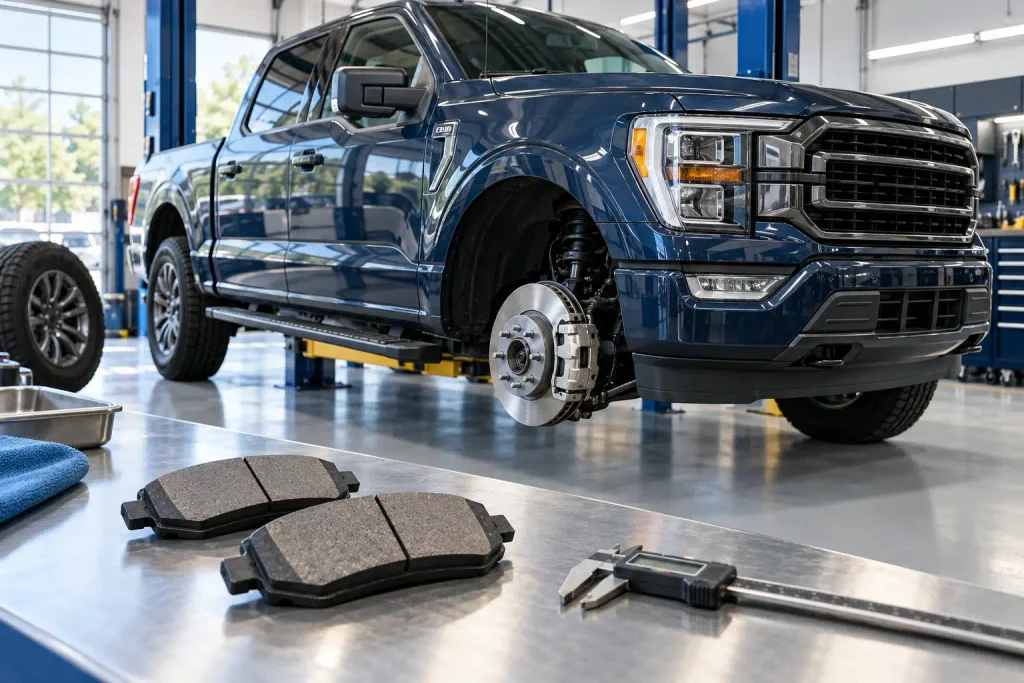 Ford F150 brake pad size chart guide beside an exposed front brake assembly
