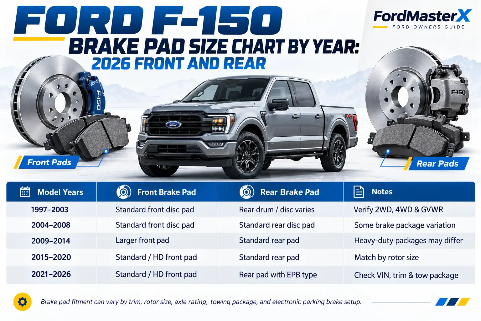 Ford F-150 brake pad size chart by model year from 1997 to 2026, comparing front and rear brake pad types, rotor fitment, and brake package variations.