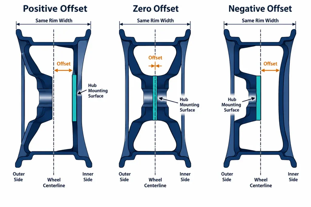 Ford F150 Wheel Offset Chart by Year: 1997-2026 OEM Exceptions 3 Cross-section diagram comparing positive, zero and negative wheel offset positions
