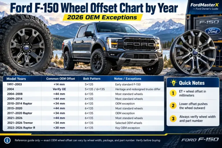 Ford F-150 wheel offset chart by year from 1997 to 2026, showing OEM offsets, bolt patterns, and exceptions for Raptor, Raptor R, Tremor, and Heritage models