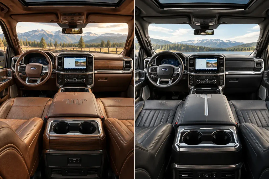 Ford F250 King Ranch and Platinum interior styling comparison with contrasting luxury materials