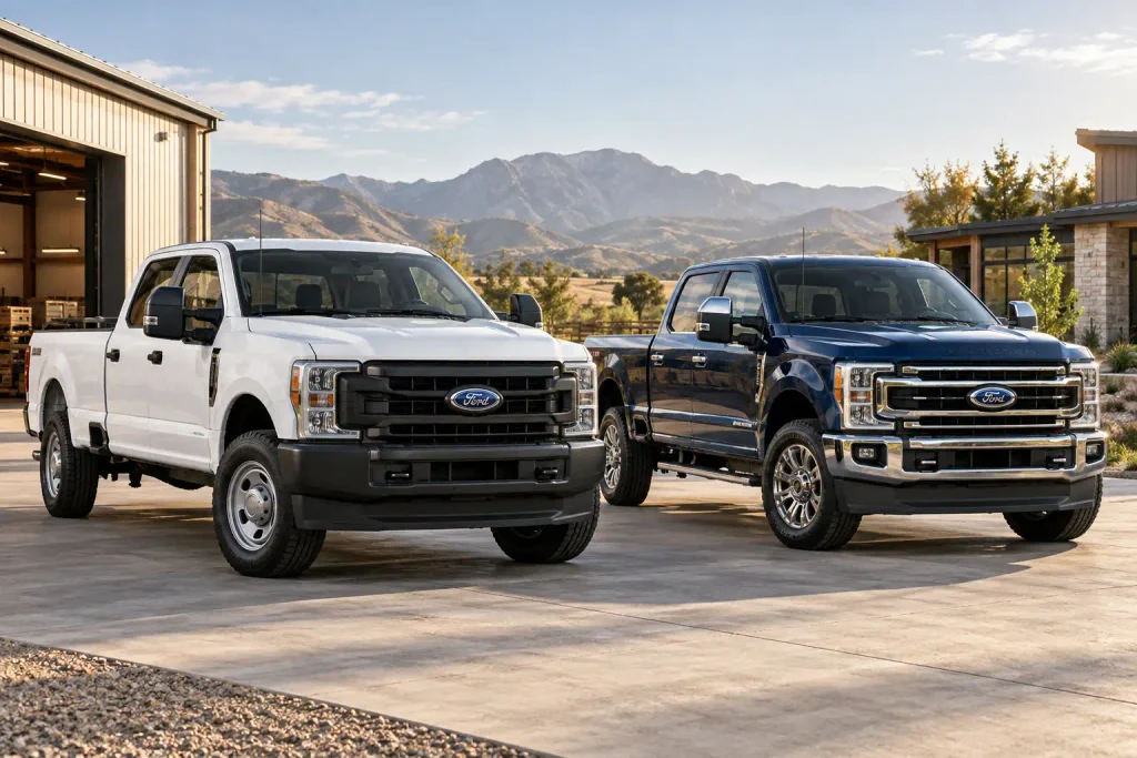 Two Ford F250 Super Duty trucks illustrating trim level choices for 2027