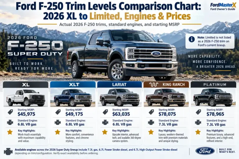 2026 Ford F-250 trim levels comparison chart showing XL, XLT, Lariat, King Ranch, and Platinum trims with starting MSRP, standard V8 engines, and key features