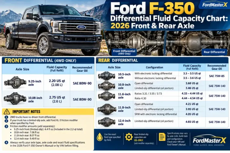 2026 Ford F-350 differential fluid capacity chart showing front and rear axle sizes, gear oil capacities, recommended viscosity, and limited-slip friction modifier requirements