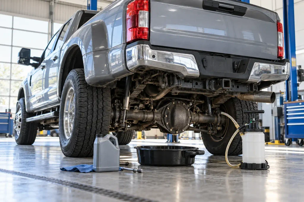 Ford F350 pickup with rear differential gear oil service equipment in a workshop