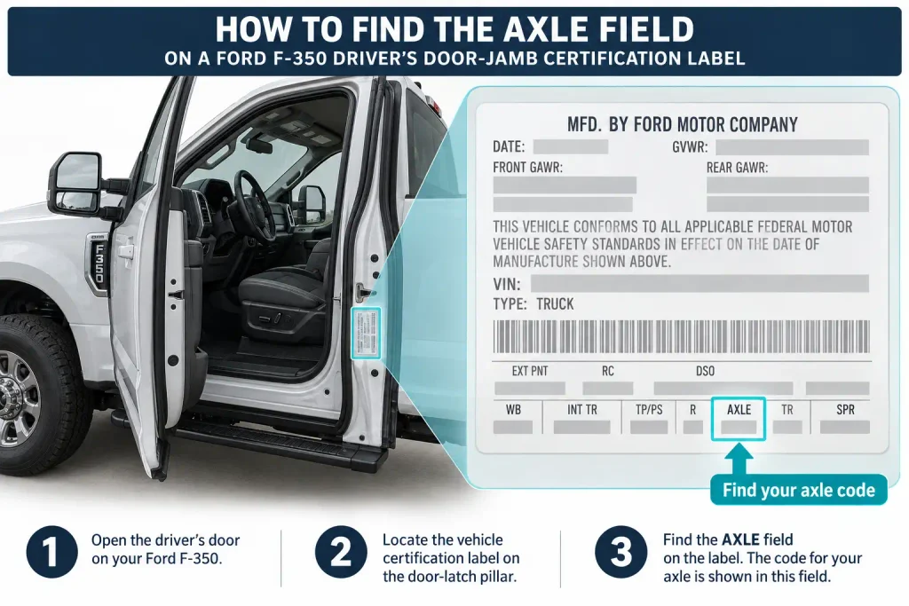 Illustration highlighting the AXLE field on a Ford F350 driver door jamb label