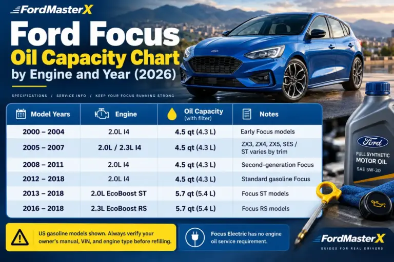 Ford Focus oil capacity chart by engine and model year from 2000 to 2018, showing oil capacities for 2.0L, 2.3L, EcoBoost ST, and RS engines with oil filter changes