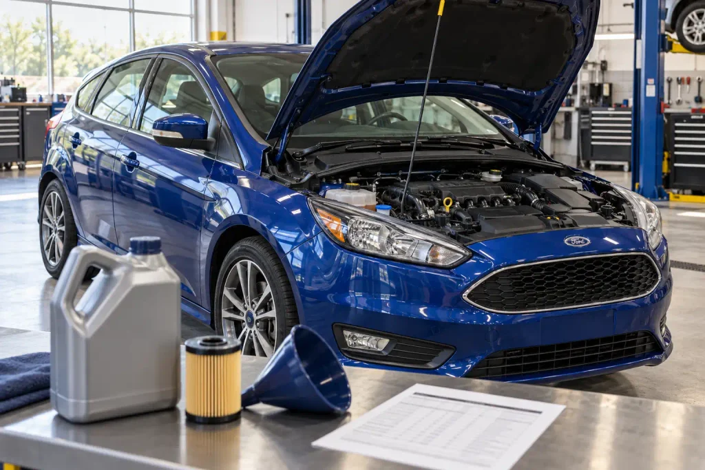 Ford Focus oil capacity chart beside an open engine bay and oil filter