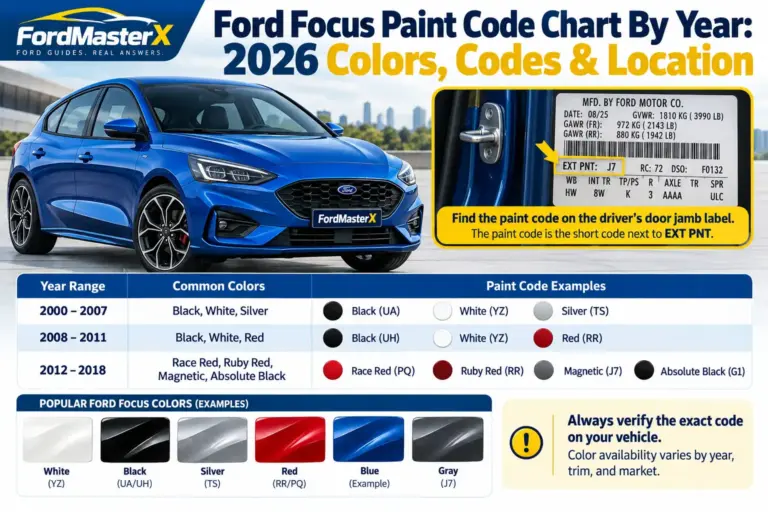 Ford Focus paint code chart by year from 2000 to 2018, showing factory color swatches, paint code examples, and the EXT PNT code location on the driver's door jamb label