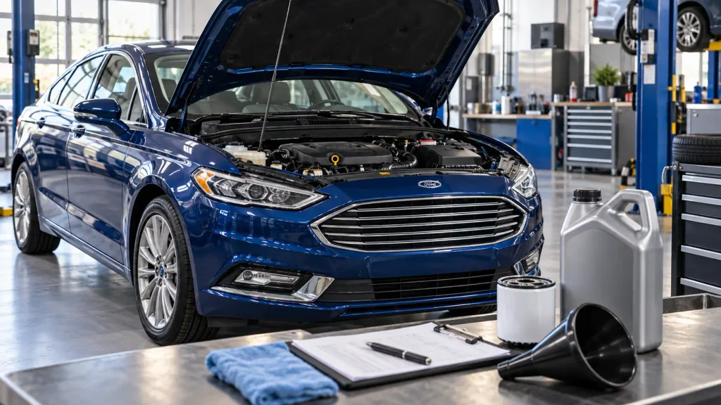 Ford Fusion with open hood, engine oil and filter for an oil capacity chart