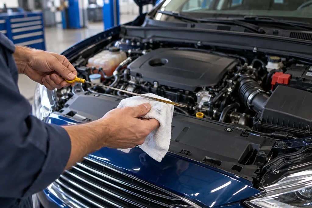 Mechanic checking engine oil dipstick in a Ford Fusion engine bay