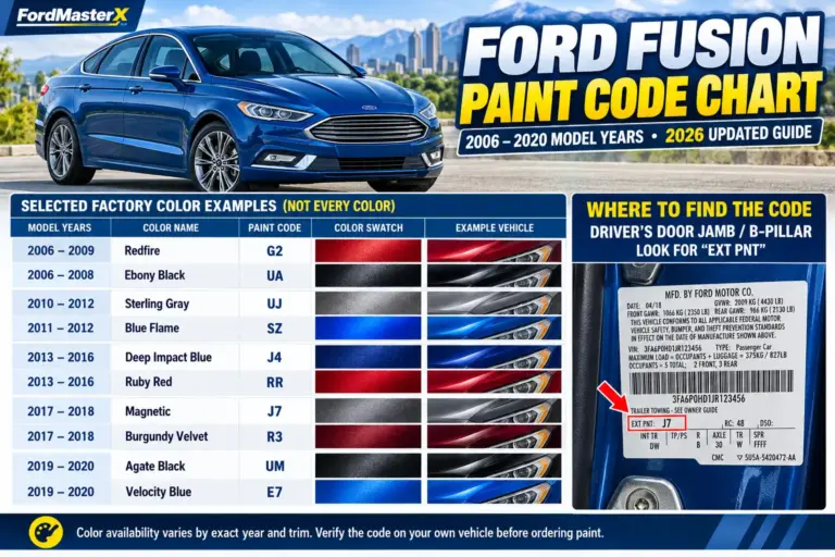 Ford Fusion paint code chart for 2006–2020 models, showing factory exterior colors, paint codes, color swatches, and the EXT PNT code location on the driver's door jamb label