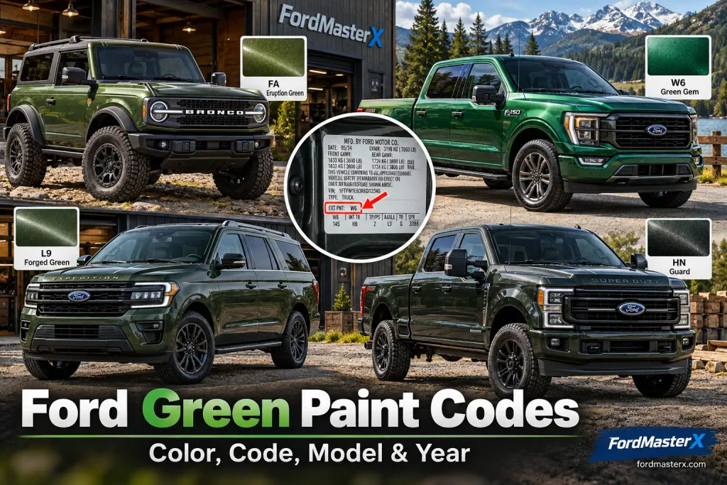 Ford green paint codes showing Eruption Green, Green Gem, Guard and Forged Green