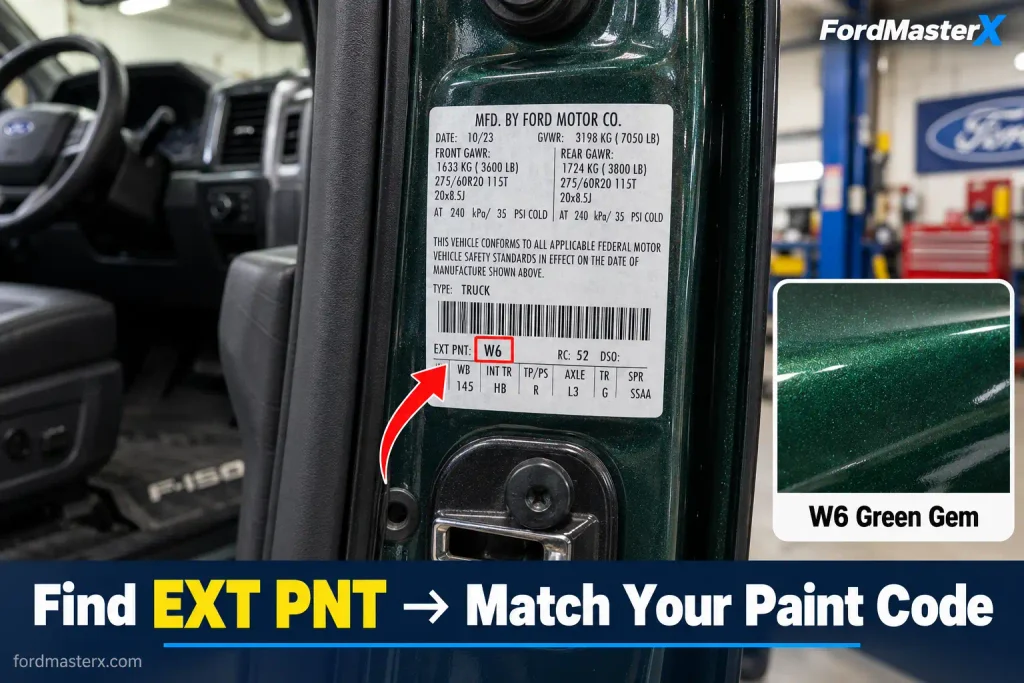 Ford green paint code location on driver door jamb EXT PNT label