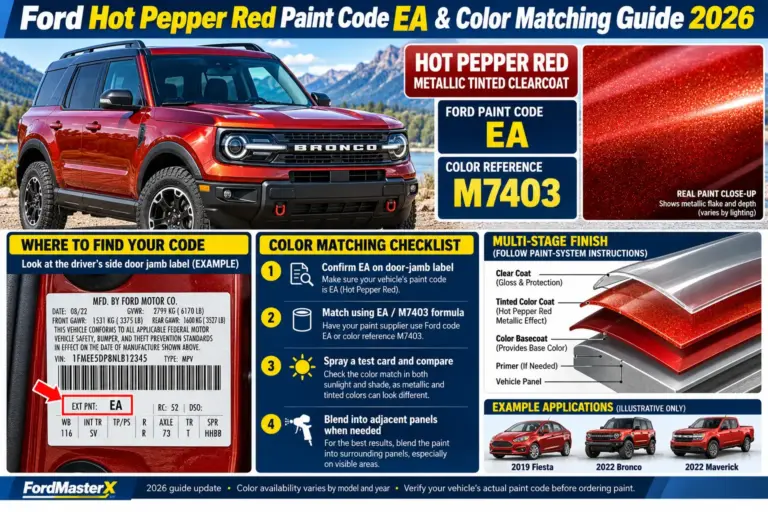 Ford Hot Pepper Red Metallic Tinted Clearcoat paint code EA and M7403 color reference, showing a red Ford Bronco, door-jamb paint code location, metallic paint layers, and color-matching tips