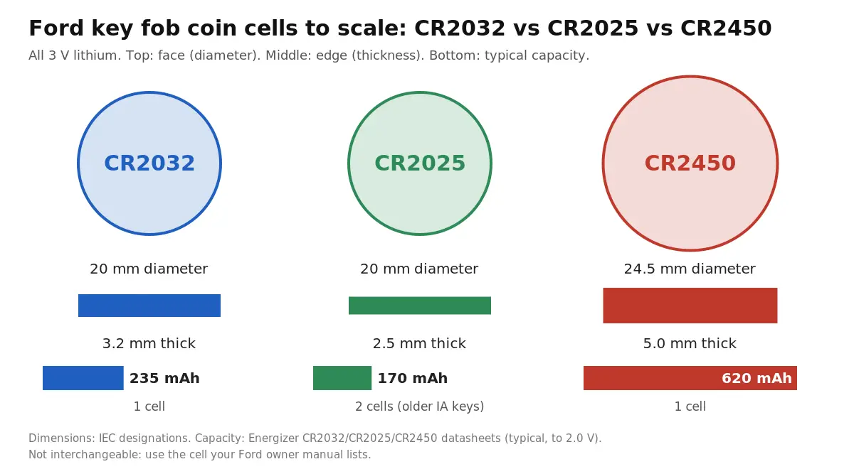 To-scale comparison of Ford key fob coin cells: CR2032 is 20 mm by 3.2 mm with 235 mAh, CR2025 is 20 mm by 2.5 mm with 170 mAh, CR2450 is 24.5 mm by 5.0 mm with 620 mAh