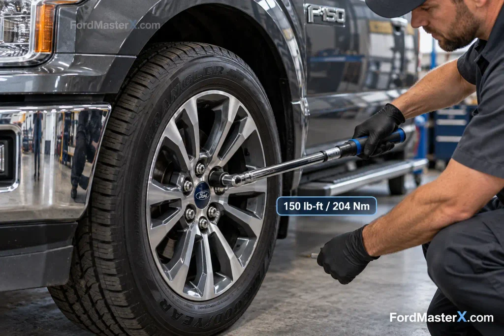 Ford Lug Nut Torque Chart: All Models and Year 2015-2026 2 Ford lug nut torque chart showing F-150 wheel tightened with torque wrench