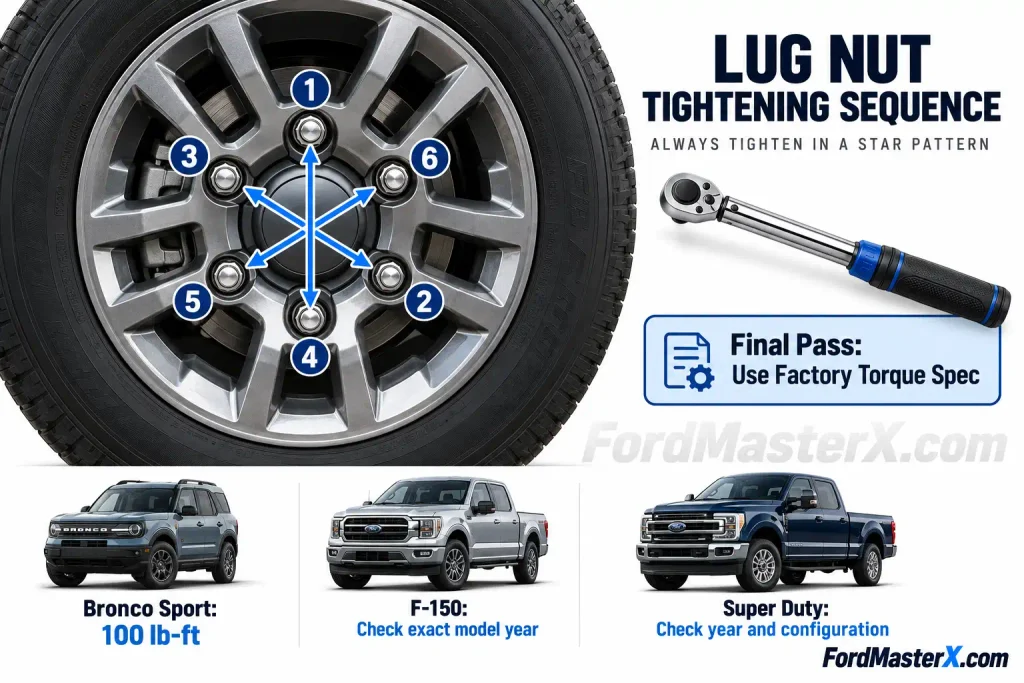 Ford Lug Nut Torque Chart: All Models and Year 2015-2026 3 Ford wheel lug nut tightening sequence using alternating star pattern।