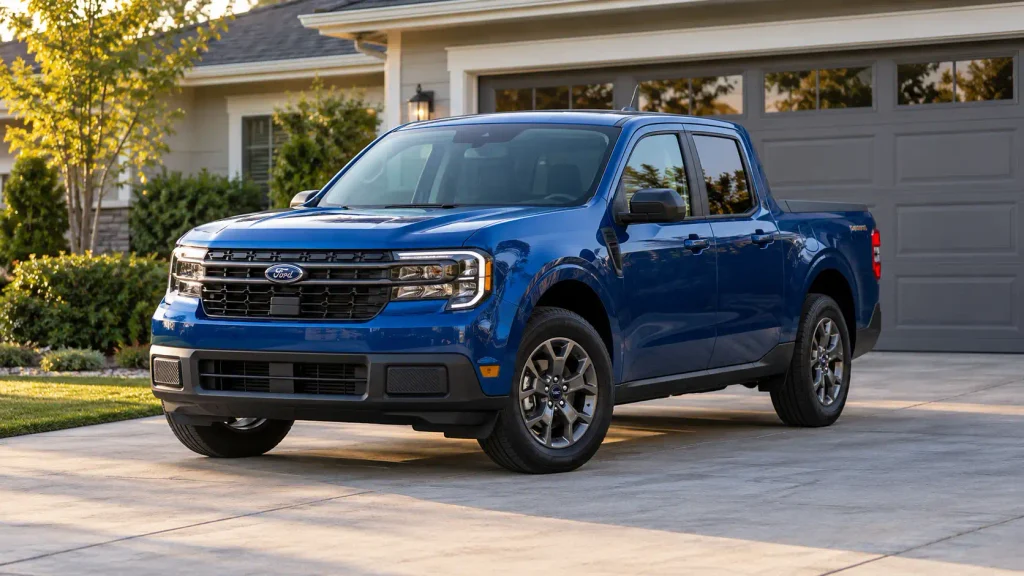 Ford Maverick Dimensions Chart by Year: 2026 Length, Width, Wheelbase & Bed 2 2026 Ford Maverick pickup parked near a residential garage for size reference