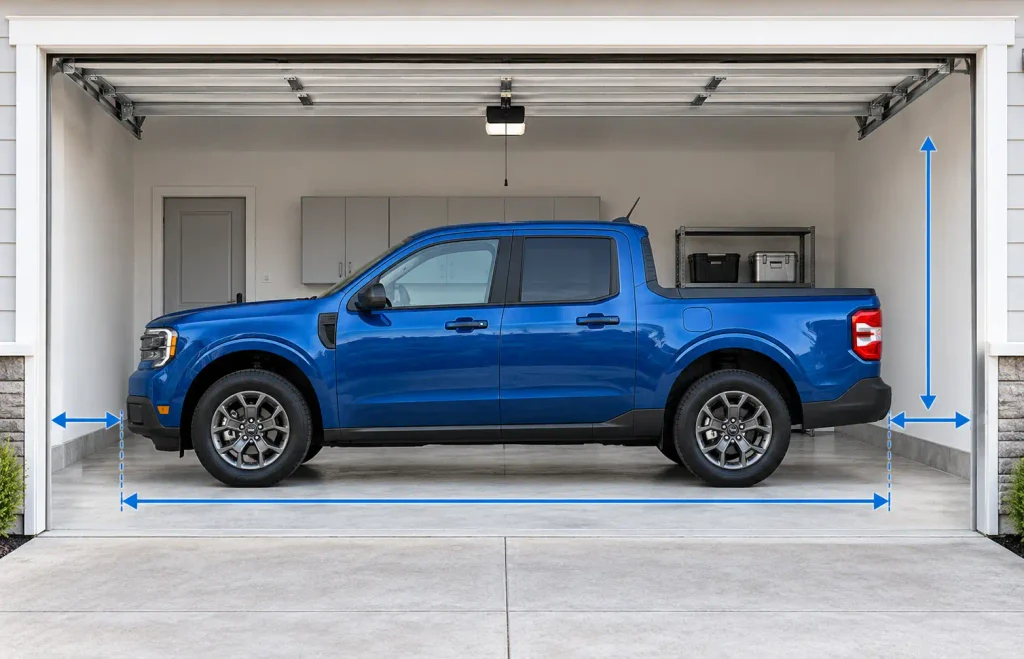Ford Maverick Dimensions Chart by Year: 2026 Length, Width, Wheelbase & Bed 3 Ford Maverick side view inside garage illustrating front and rear parking clearance