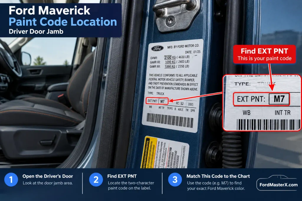 Ford Maverick paint code location showing EXT PNT on driver door label