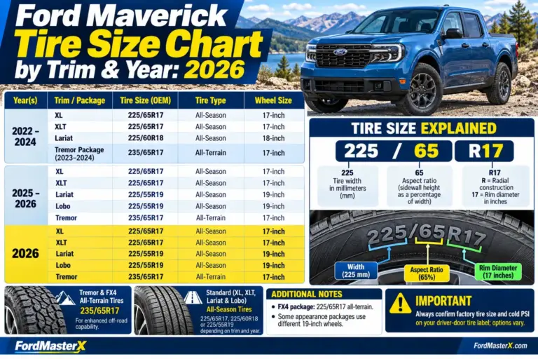 Ford Maverick OEM tire size chart by trim and model year from 2022 to 2026, comparing XL, XLT, Lariat, Lobo, Tremor, and FX4 tire sizes, wheel diameters, and tire types