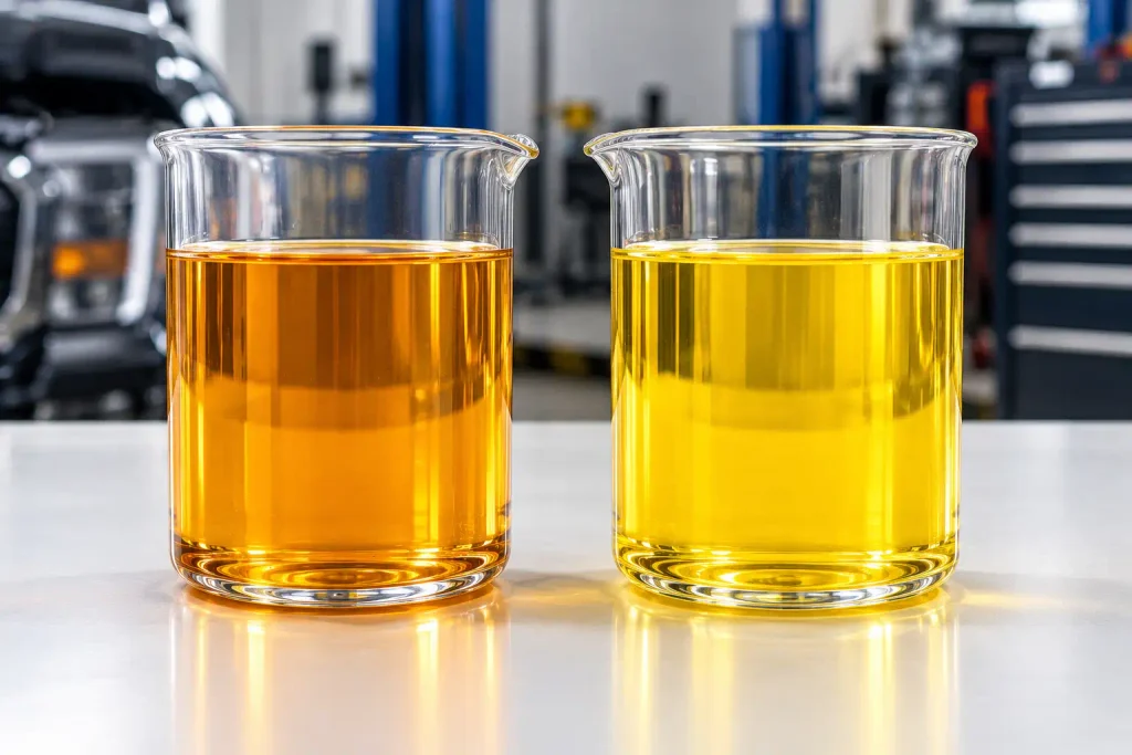 Ford Coolant Type Chart By Year: Gold, Orange & Yellow (1990–2026) 3 Side-by-side illustrative comparison of older Ford Gold and modern Yellow coolant samples