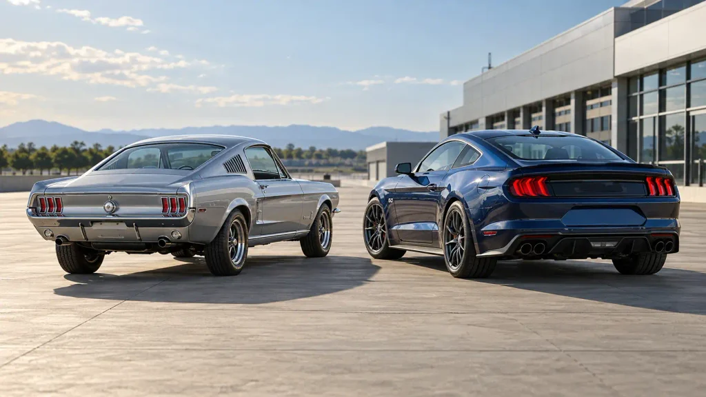 Classic and modern Ford Mustangs illustrating the gear ratio chart by year