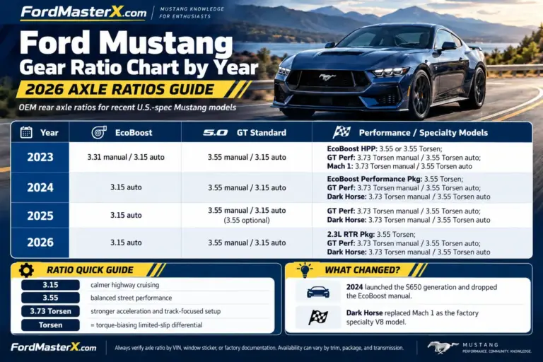 Ford Mustang rear axle gear ratio chart for 2023–2026, comparing 3.15, 3.55, and 3.73 ratios for EcoBoost, GT, Dark Horse, and Performance Package models, including Torsen differential options