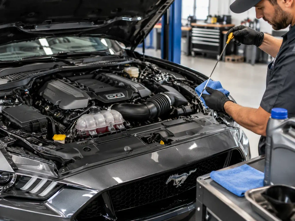 Ford Mustang Oil Capacity Chart by Year and Engine 1974-2026 3 Mechanic checking engine oil level on a Ford Mustang GT