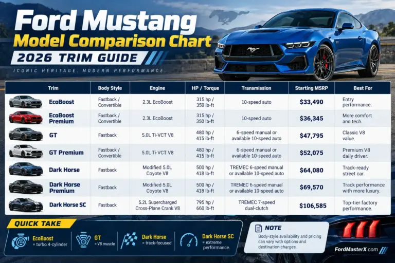 2026 Ford Mustang trim comparison chart showing EcoBoost, EcoBoost Premium, GT, GT Premium, Dark Horse, Dark Horse Premium, and Dark Horse SC with engines, horsepower, transmissions, and starting MSRP