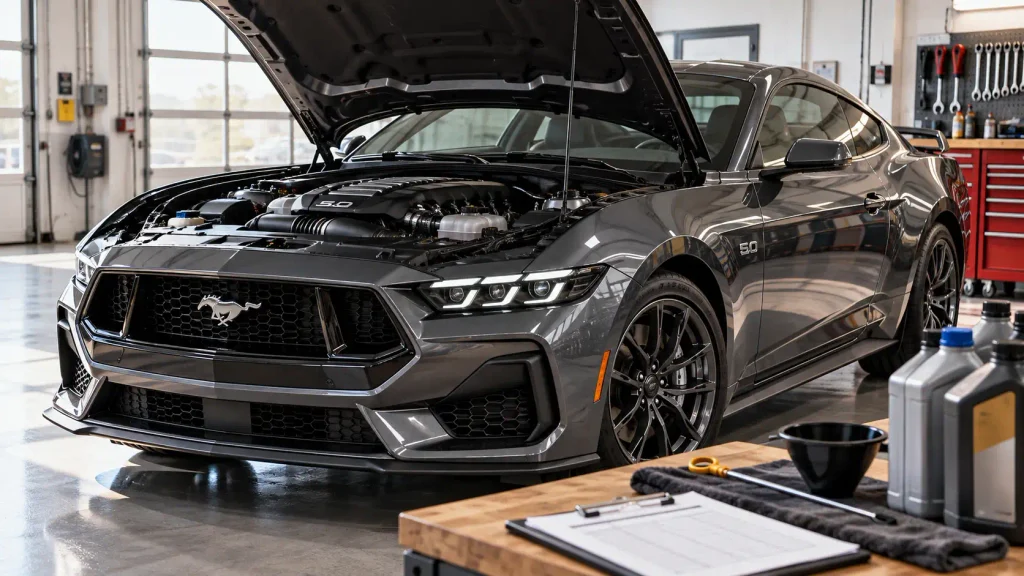 Ford Mustang Oil Capacity Chart by Year and Engine 1974-2026 2 2026 Ford Mustang GT beside an oil service chart and supplies