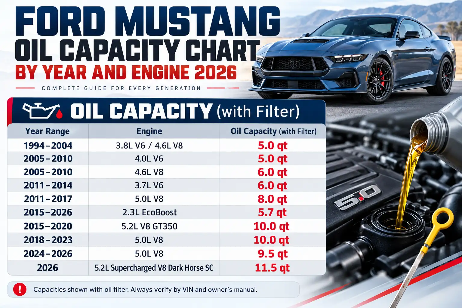 Ford Mustang oil capacity chart by year and engine from 1994 to 2026, showing oil capacities with filter changes for 2.3L EcoBoost, V6, 5.0L Coyote V8, GT350, and Dark Horse SC engines