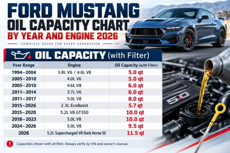 Ford Mustang spark plug gap chart by engine and year from 2005 to 2026, comparing EcoBoost, GT V8, V6, and Dark Horse SC gap specifications in inches and millimeters, with a spark plug measurement diagram