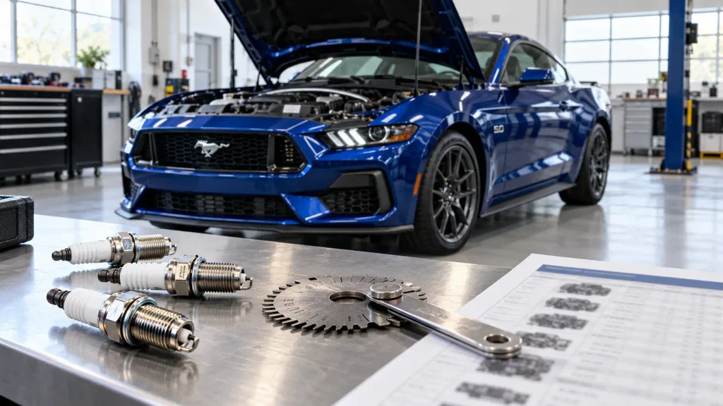 Ford Mustang spark plug gap chart beside GT and ignition tools