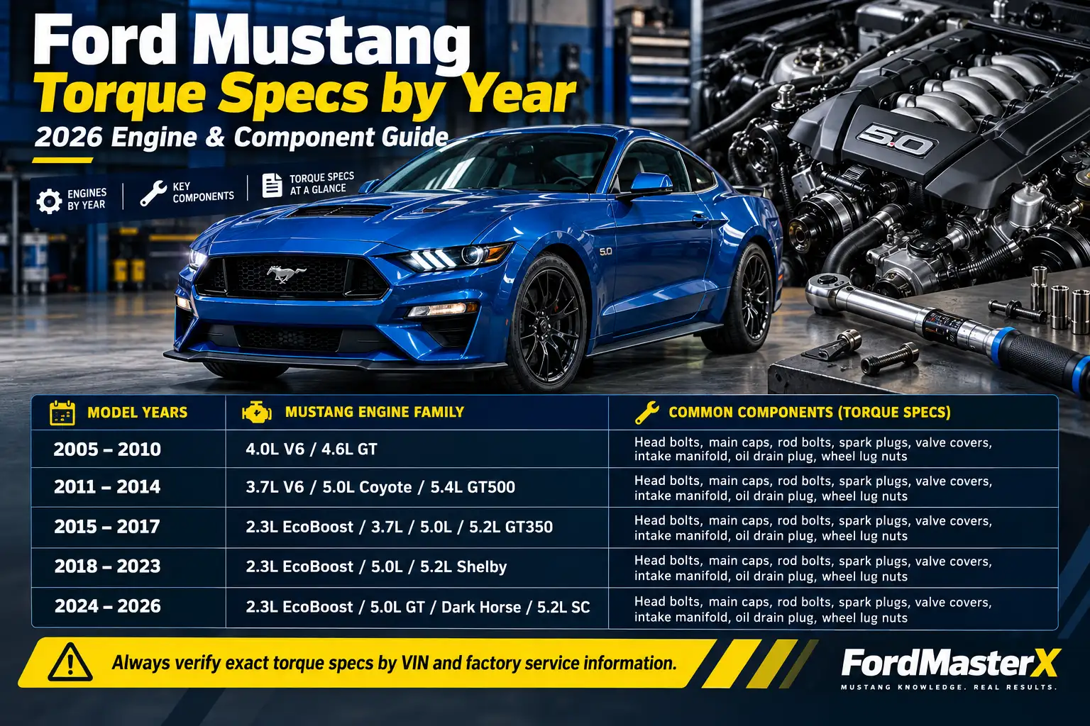 Ford Mustang torque specs guide by year from 2005 to 2026, showing V6, EcoBoost, Coyote V8, GT350, and Dark Horse engine families with key components including head bolts, main caps, spark plugs, oil drain plugs, and wheel lug nuts