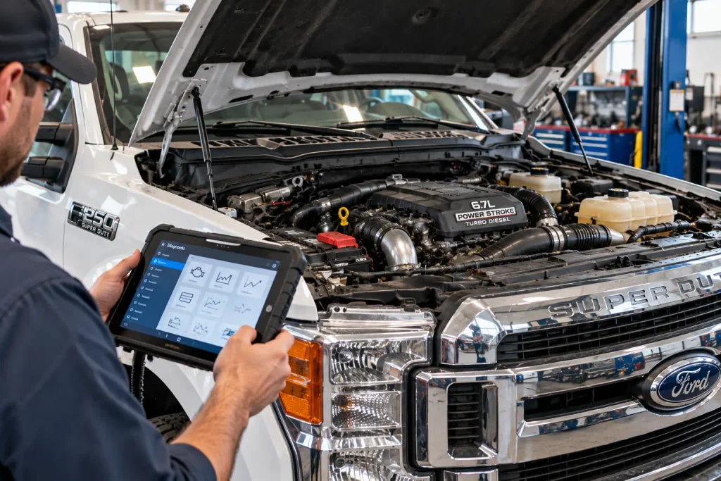 Ford P0087 Code Causes, Diagnosis and Fixes: 2026 by Engine Type 3 Technician reviewing fuel pressure diagnostics beside a Ford 6.7L Powerstroke engine