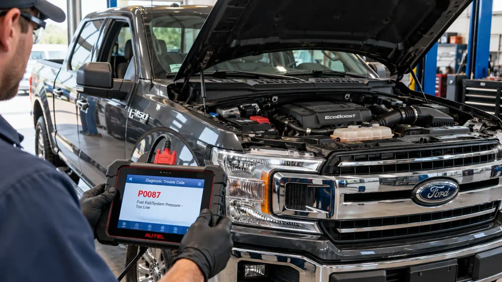 Ford P0087 Code Causes, Diagnosis and Fixes: 2026 by Engine Type 2 Ford F-150 with diagnostic scanner showing P0087 fuel pressure trouble code