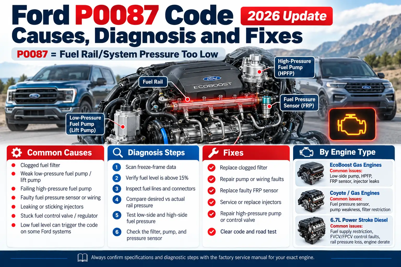 Ford P0087 fuel rail pressure too low diagnostic chart showing common causes, fuel pump and sensor locations, troubleshooting steps, recommended fixes, and issues affecting EcoBoost, Coyote V8, and 6.7L Power Stroke diesel engines