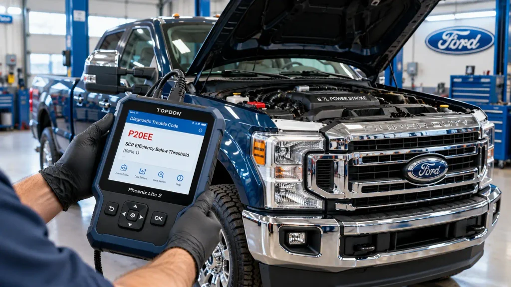 Ford P20EE Code Causes, Symptoms, and Fixes by Model Year 2026 2 Ford P20EE code diagnosis with scanner beside a 6.7L Powerstroke truck