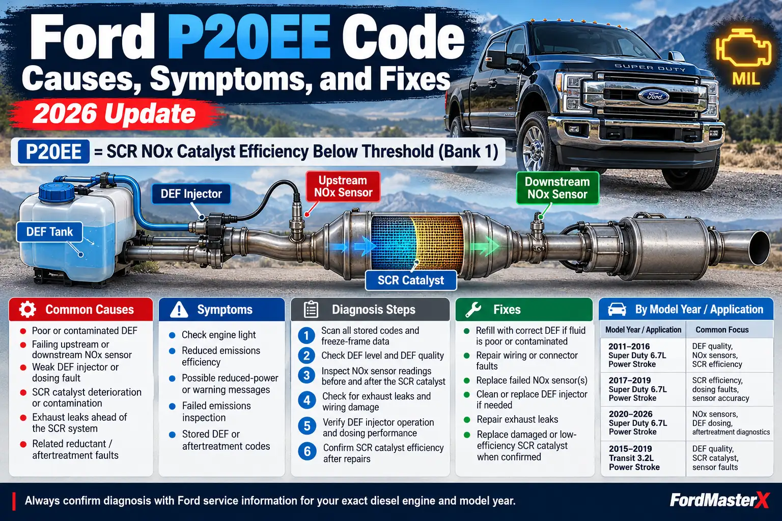 Ford P20EE code diagnostic chart showing SCR catalyst efficiency problems, common causes, symptoms, DEF system components, NOx sensor locations, diagnosis steps, and fixes for Power Stroke diesel trucks by model year through 2026