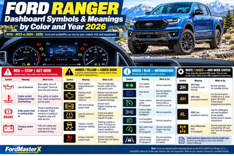 Ford Ranger dashboard warning symbols chart for 2019–2026, showing red, yellow, green, and blue indicator lights with their meanings, recommended actions, and 4WD mode indicators