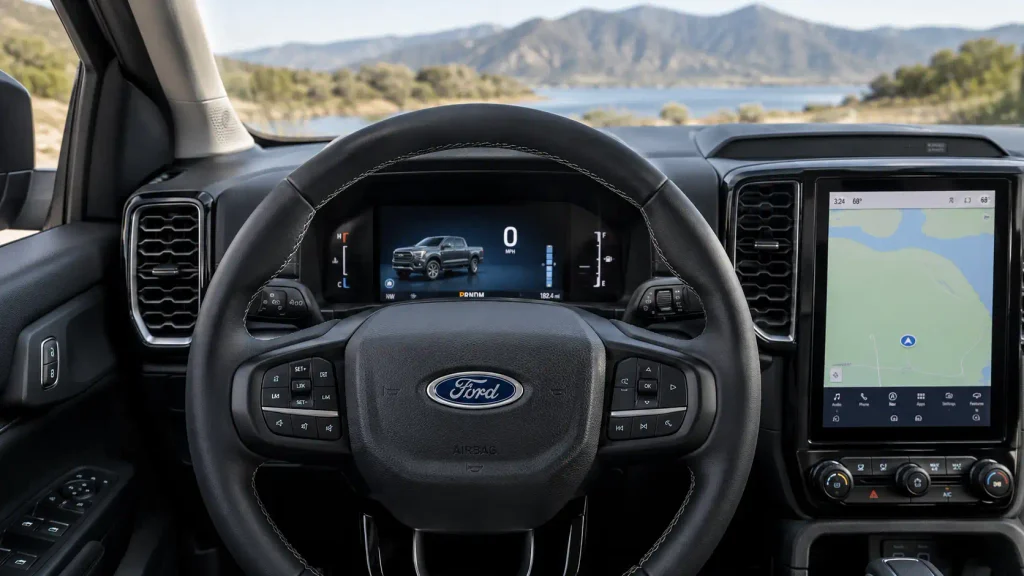 Ford Ranger digital instrument cluster illustrating dashboard symbols and warning light meanings