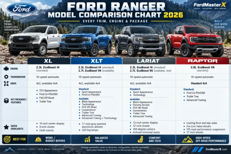 2026 Ford Ranger model comparison chart featuring XL, XLT, Lariat, and Raptor trims, with engine options, 4x2 and 4x4 drivetrains, 10-speed transmissions, available packages, and key features
