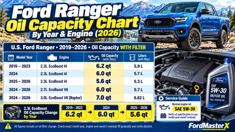 Ford Ranger oil capacity chart by year and engine from 2019 to 2026, showing oil capacities in quarts and liters for 2.3L EcoBoost, 2.7L EcoBoost V6, and 3.0L Raptor engines, including oil filter changes