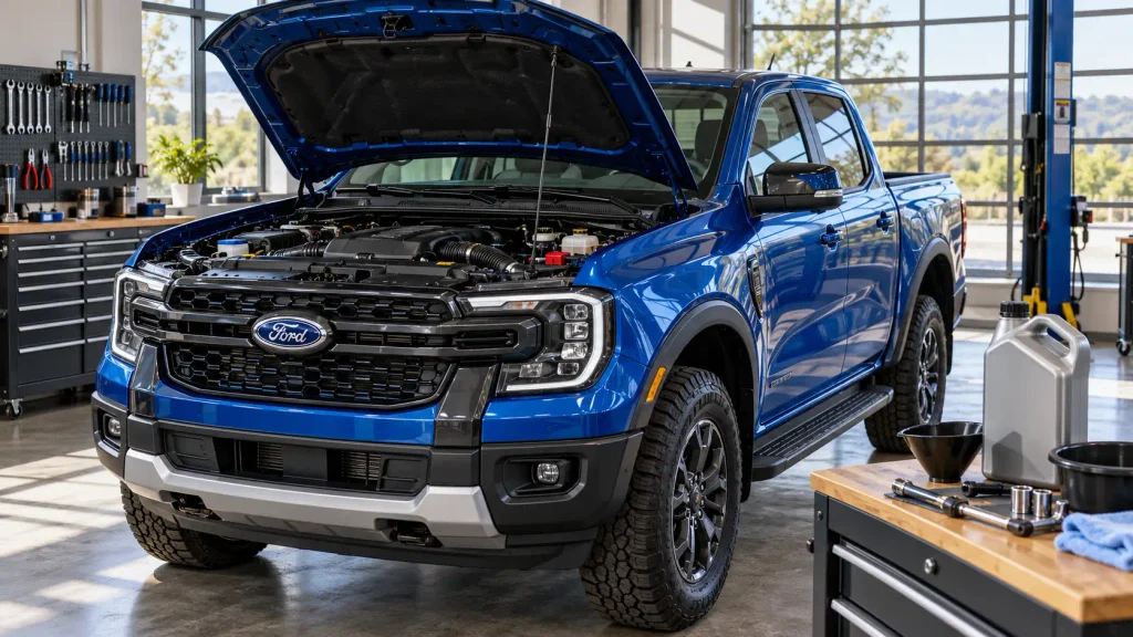 Ford Ranger Oil Capacity Chart By Year & Engine (1998–2026) 2 Ford Ranger truck with hood open for oil capacity chart