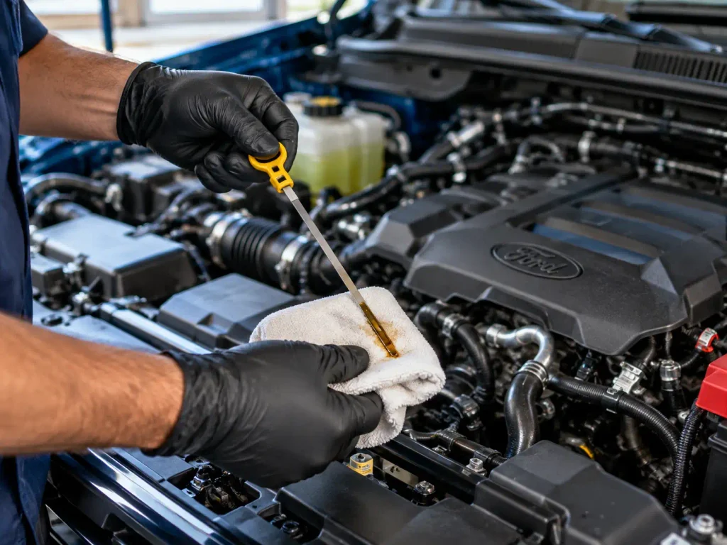 Ford Ranger Oil Capacity Chart By Year & Engine (1998–2026) 3 Mechanic checking the engine oil dipstick on a Ford Ranger